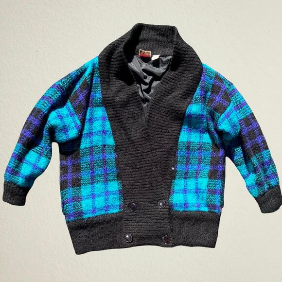 Vintage 1980s men’s blue plaid cardigan sweater shawl collar, retro prep grunge - Picture 1 of 10